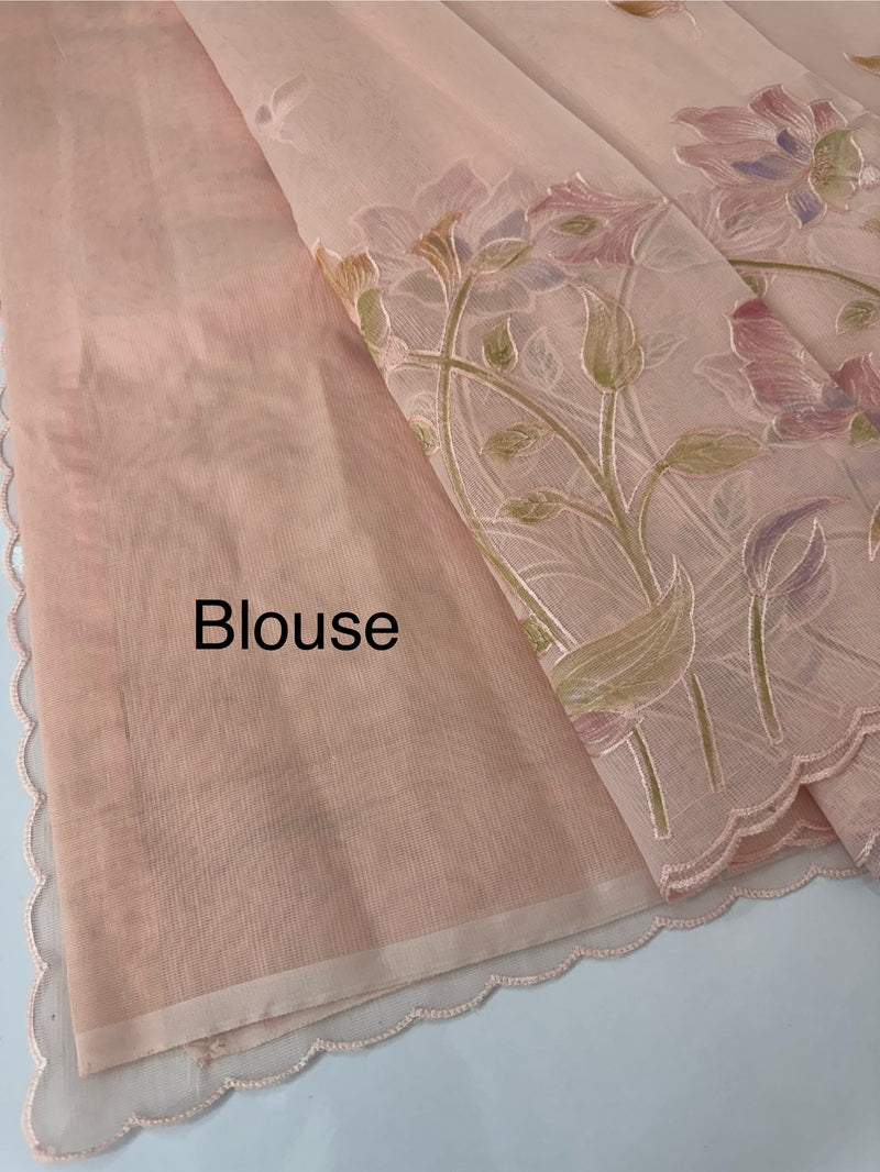 Supernet saree with embroidery and handpaintingwork MSH104- PastelPeach