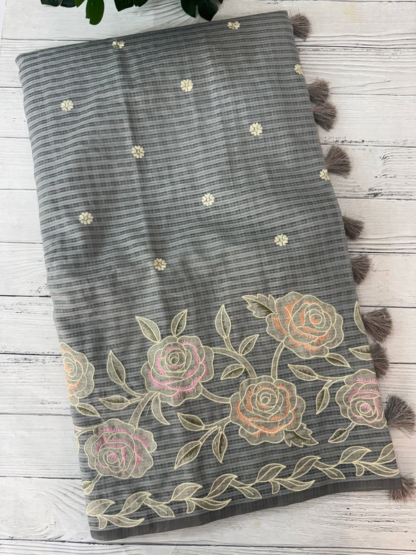 Applique and embroidery work Kota Silk saree MSH118 - Grey