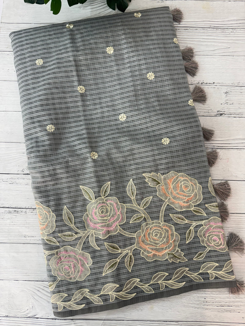 Applique and embroidery work Kota Silk saree MSH118 - Grey