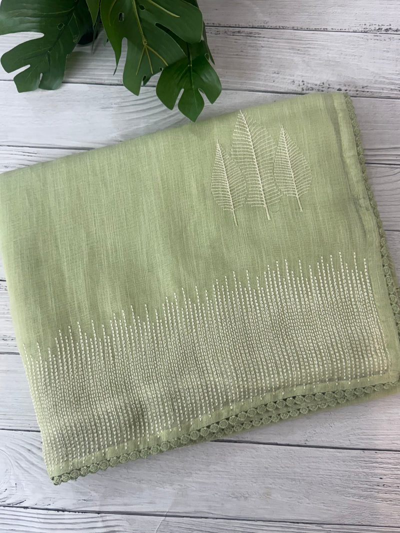 Semi linen saree with embroidery- MS15088 Pastel PistaGreen
