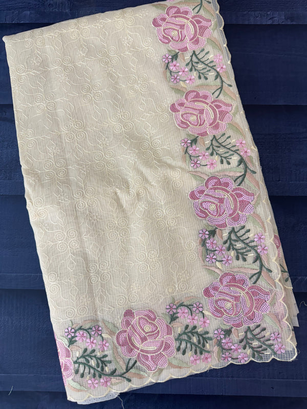 Phulkari NetKota embroidery saree - MSH107 Offwhite to PinkLavender