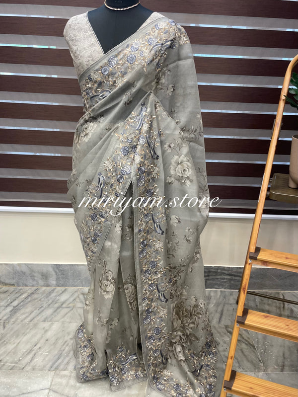 Pure tussar-organza digital printed saree- MTSS653 Ash