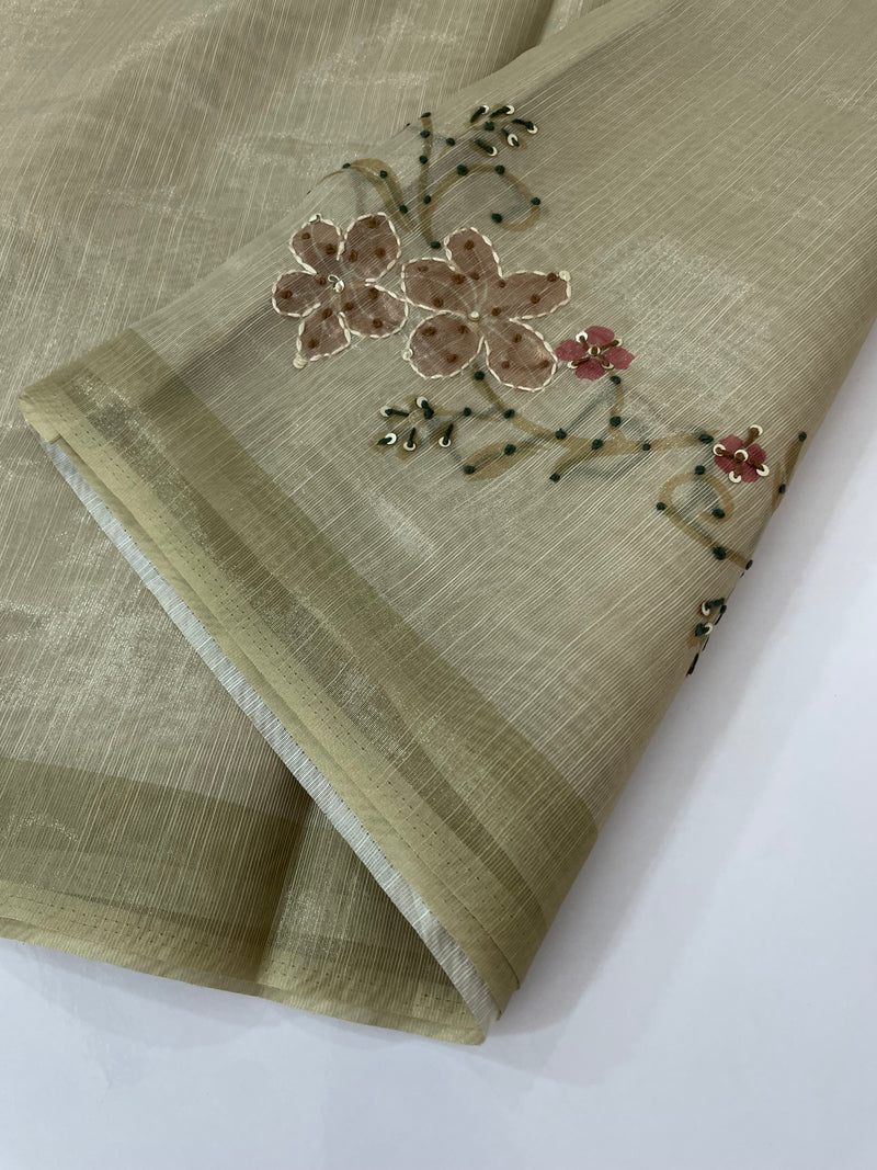Soft Tissue linen saree with kanta embriodery saree FBLK72 - DuskyGreen