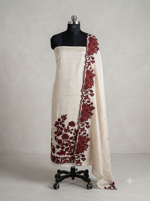 Unstitched Blended tussar suit set with applique work- MK105(1) PearlCream