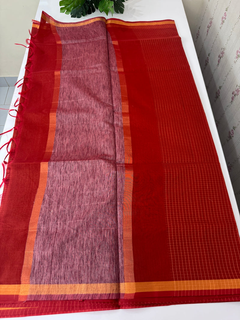 Mangalagiri Silk Cotton Saree with zari checks MS90321 RustOrange