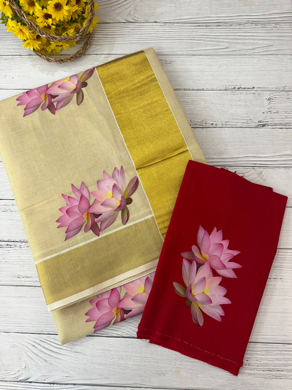 Kerala Lotus tissue saree- Red Blouse