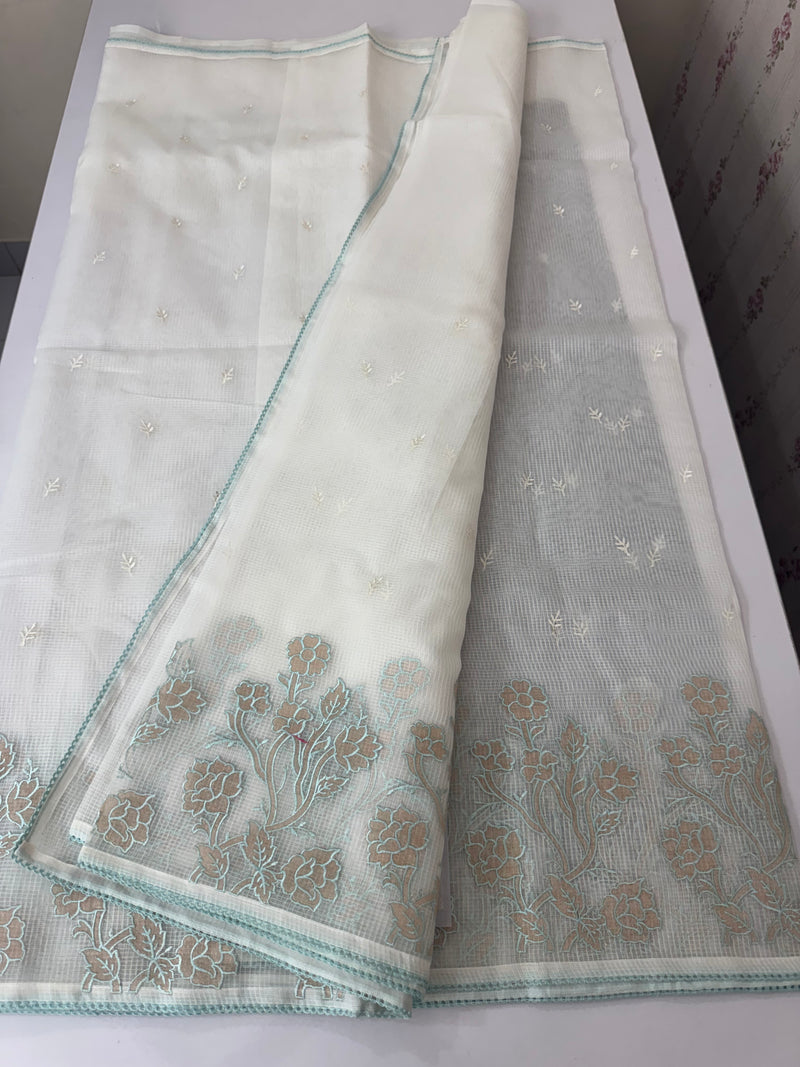 NetKota Applique work saree  MSH123- White & AquaBlue