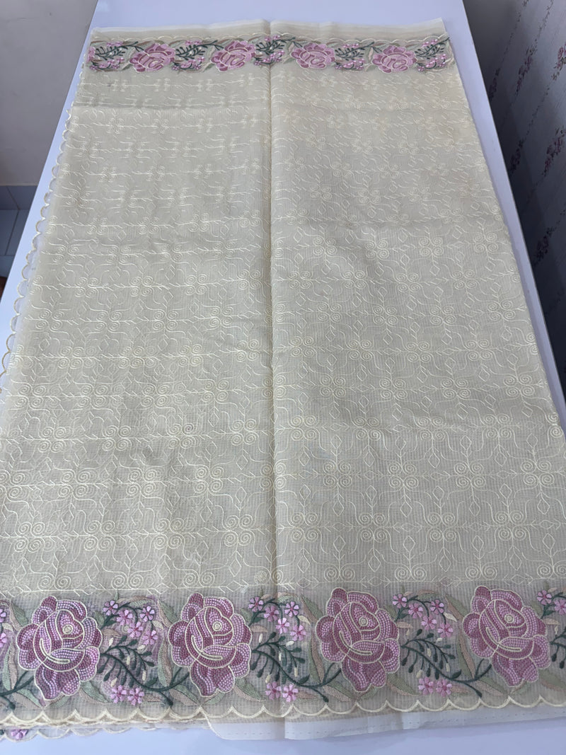 Phulkari NetKota embroidery saree - MSH107 Offwhite to PinkLavender