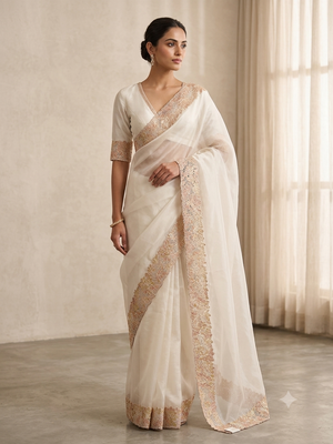 Soft Organza saree with cutwork tissue applique borders - MCW765