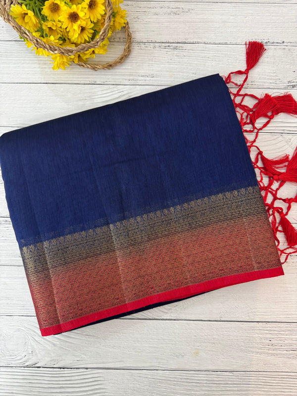 Jute silk sarees with contrast pallu & blouse MJL396- DarkBlue to Red