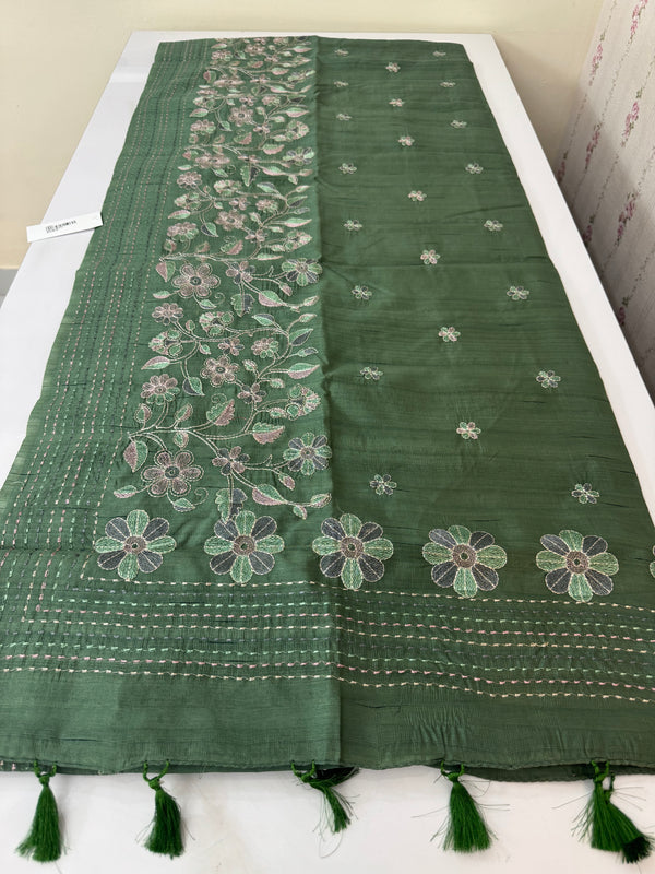 Crushed Blended tussar silk saree with embroidery- SNFCYEY JadeGreen