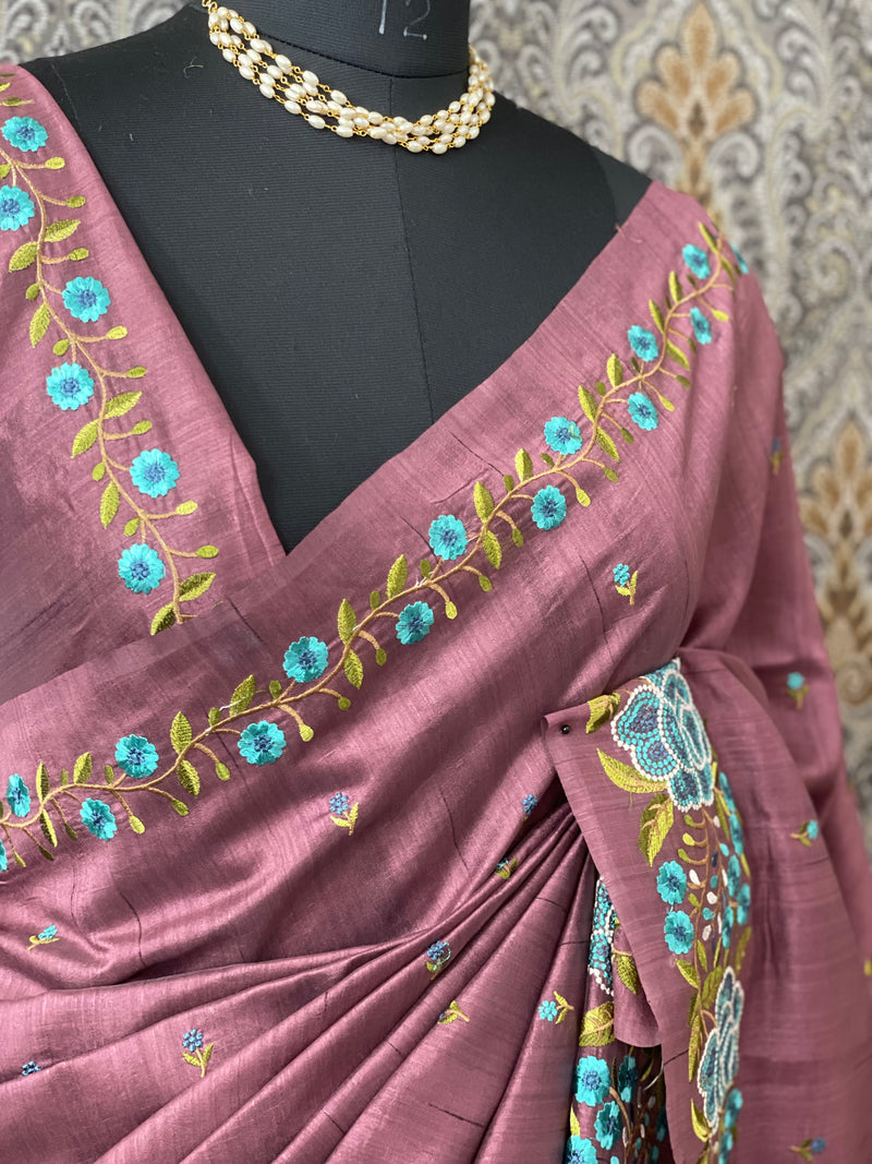 Blended tussar silk saree with embroidery SNFNRCY FadedWine