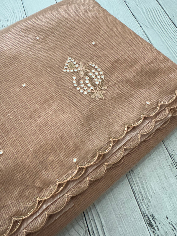 Tissue silk saree with mirror work and scalloped border MTSS432 - Peach