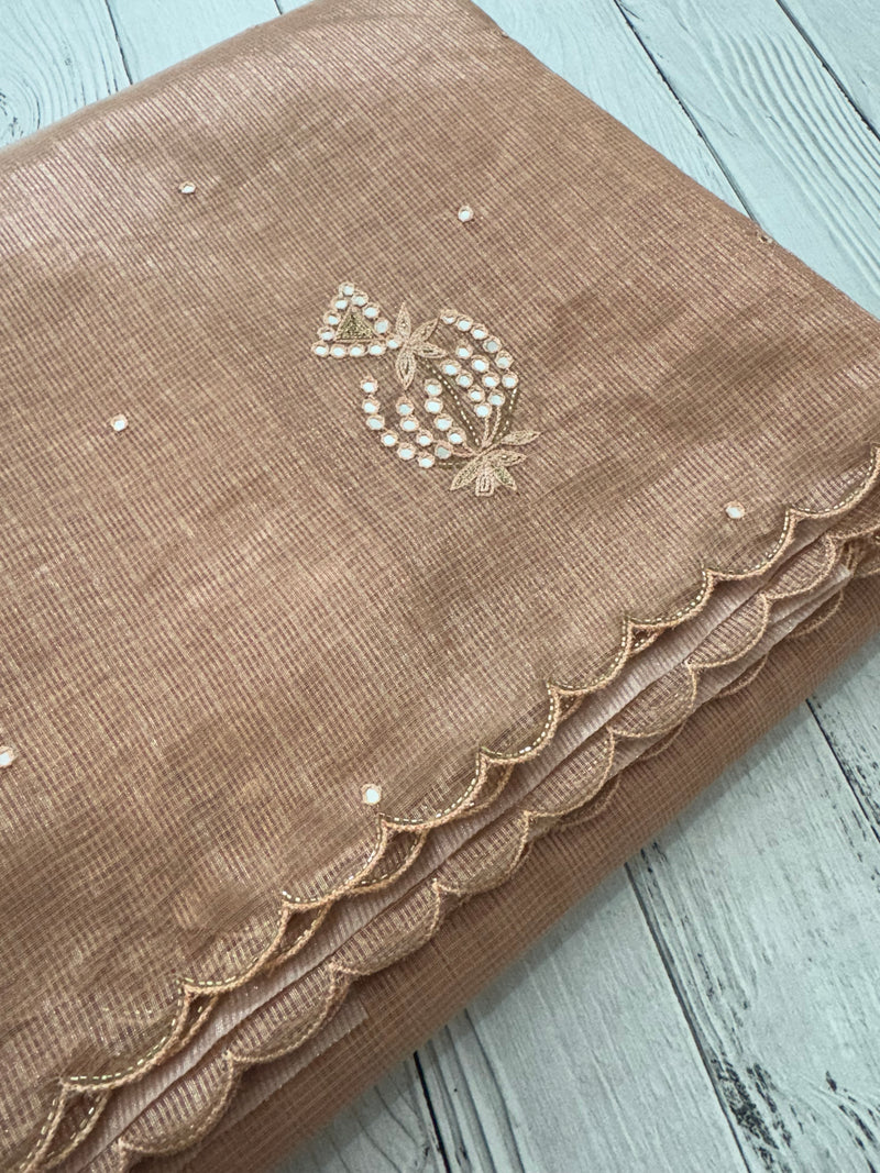 Tissue silk saree with mirror work and scalloped border MTSS432 - Peach