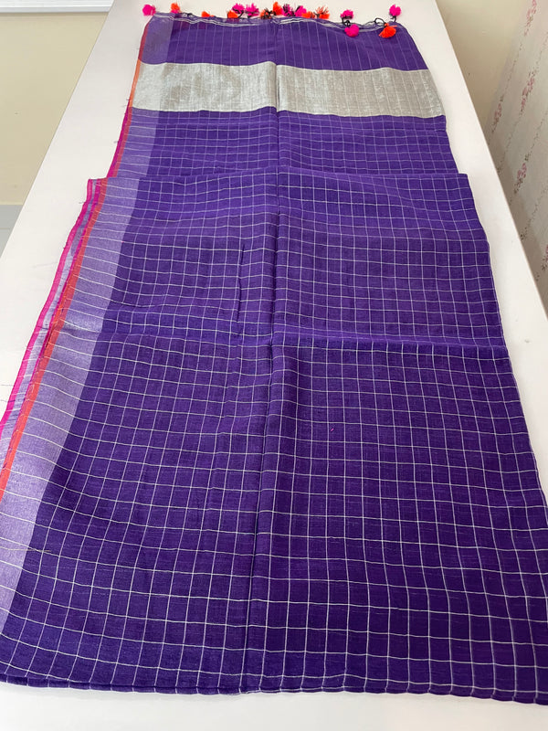 Linen checks saree with zari border MLS9788