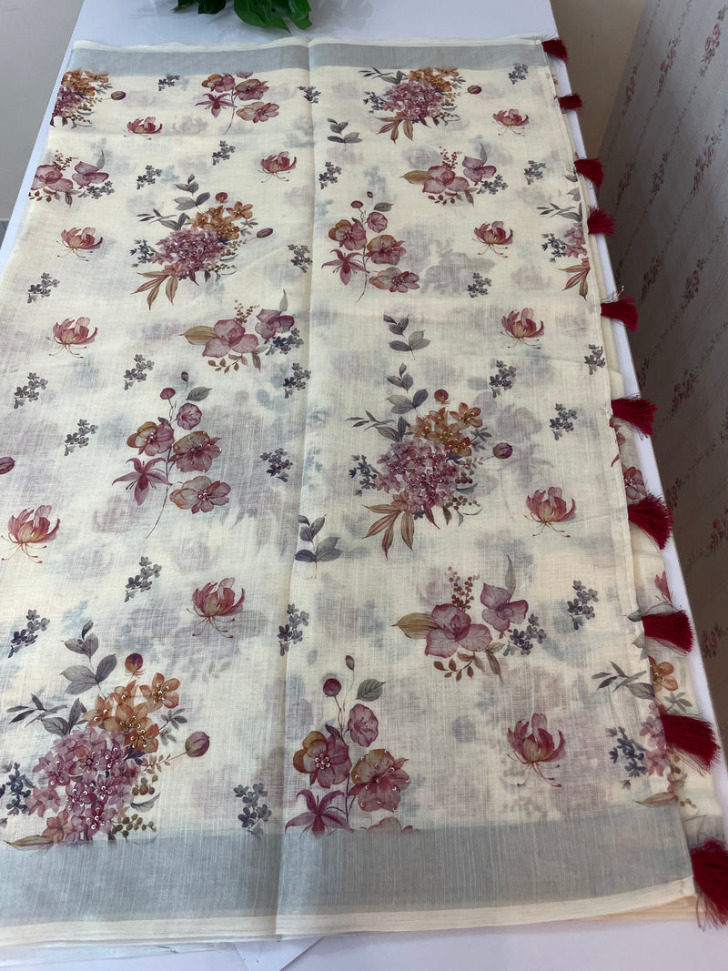 Handworked floral digital printed semi Linen Saree MLS611