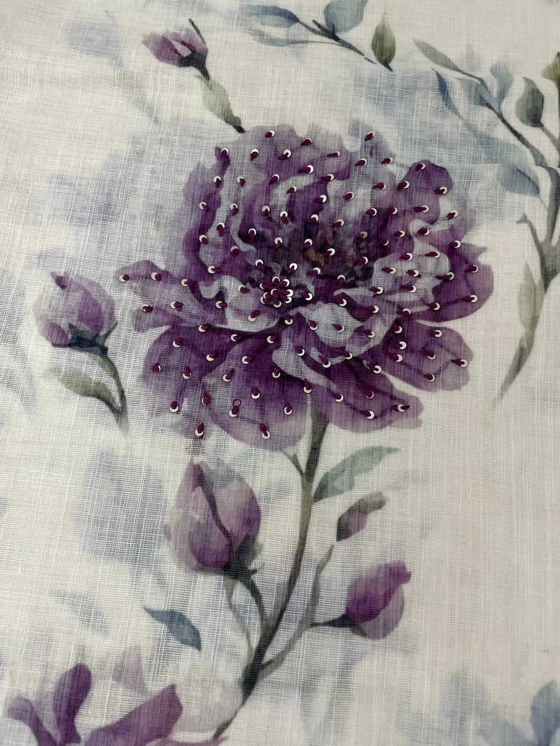 Handworked floral digital printed semi Linen Saree MLS611