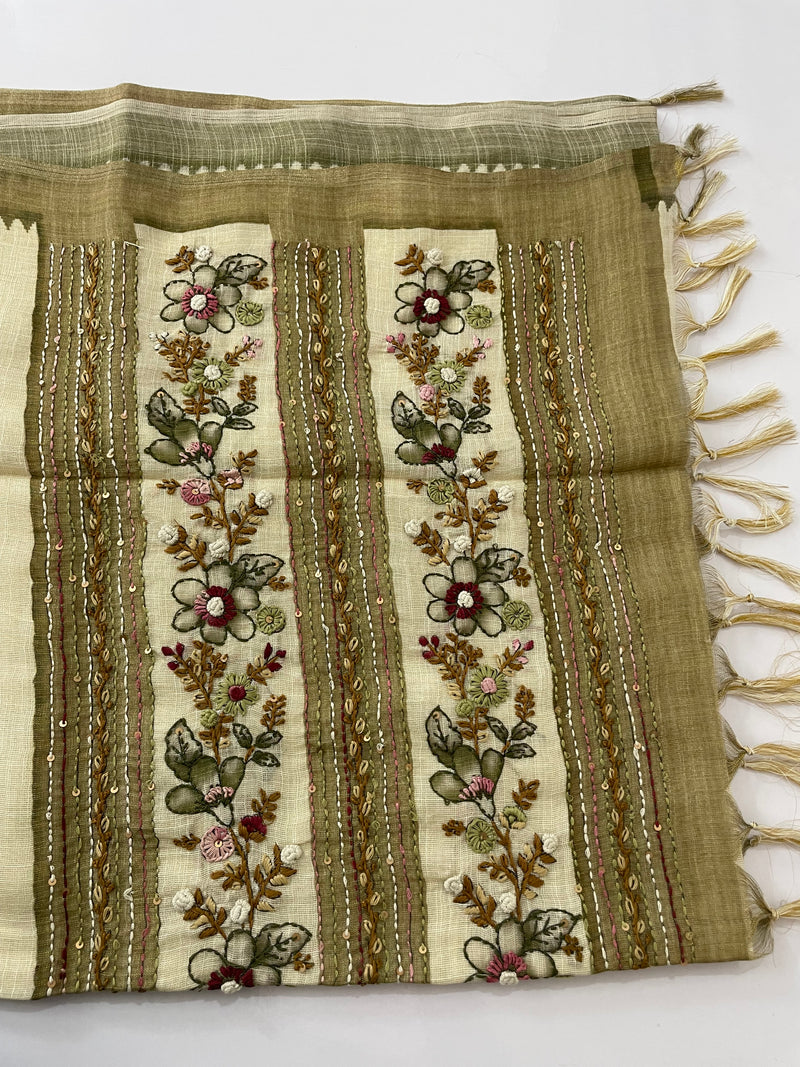 Tissue linen saree with kanta embriodery saree MS88650