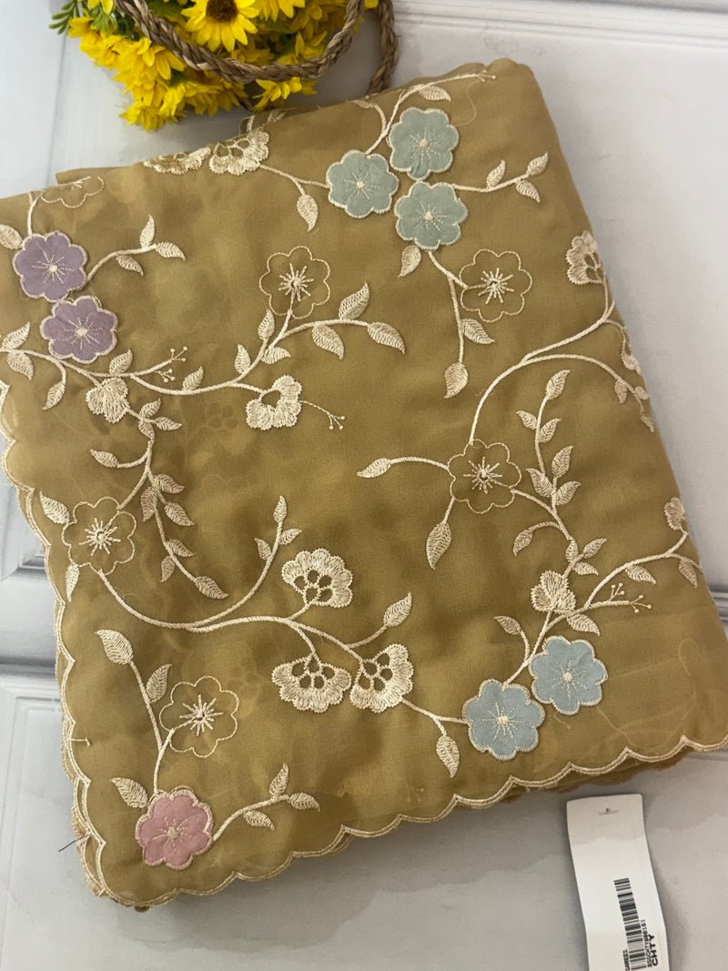Pure Georgette saree with embriodery and applique work MS15567 DarkBeige