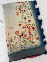 Handworked floral digital printed semi Linen Saree MS14775 (2)