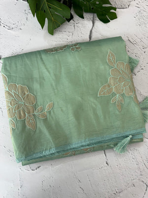 Soft Crush Organza Applique work saree with tissue applique work MS14978 CyanBlue