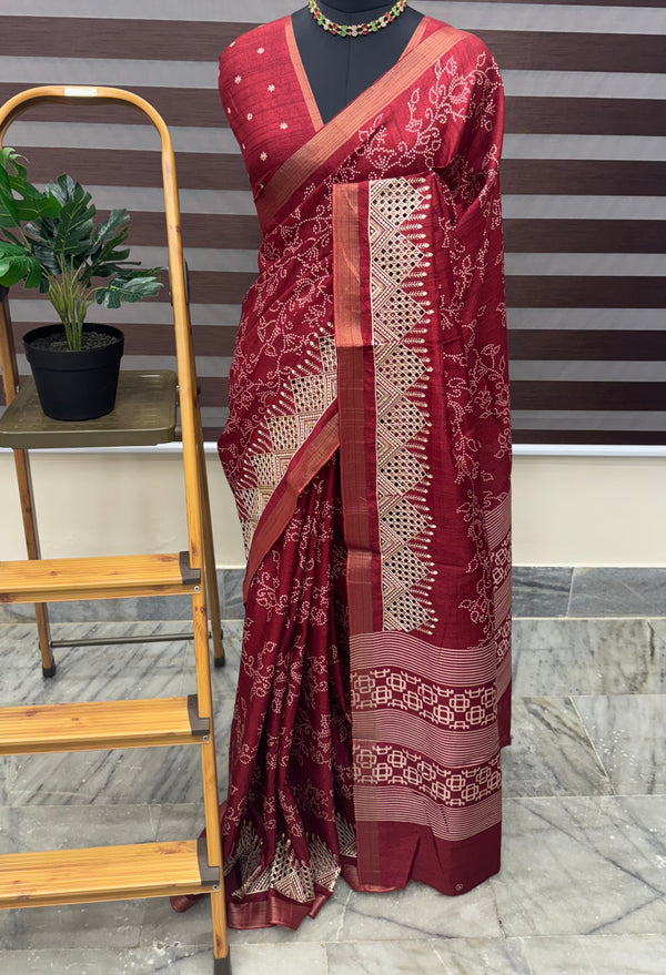 Blended Bandhani tussar silk saree with cutwork MTBF315