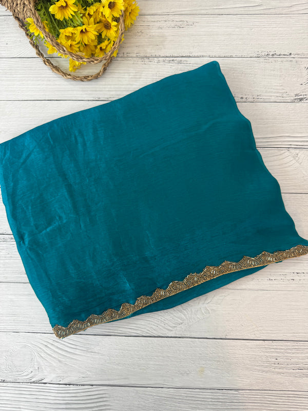 Shimmery crush silk saree with handworked lace border MS99321- Teal