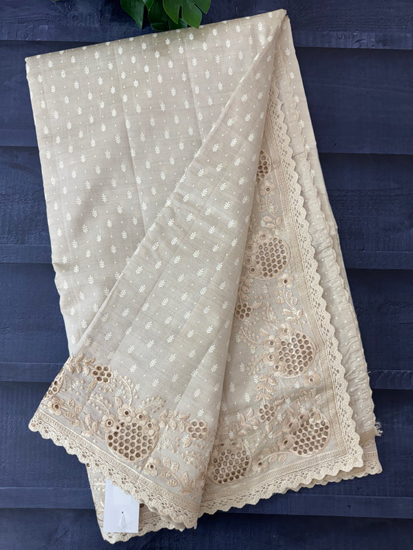 Cutwork blended tussar saree   - Cream MS5222