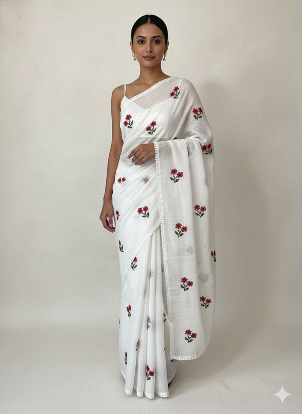 Kota checks embroidery saree White & Red