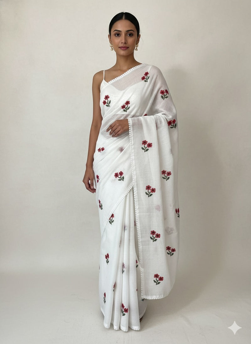 Kota checks embroidery saree White & Red