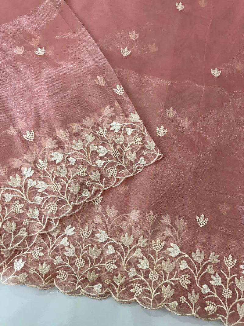 Glassy tissue organza saree with embroidery FKSF88-Peach