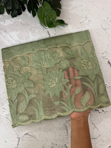 Blended tussar saree with organza applique applique borders MTSS452 DustyGreen