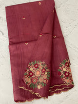 Blended art tussar silk saree with embroidery- MS1090 Burgundy