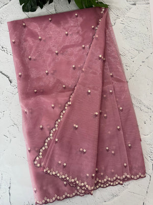 Glassy tissue organza saree with embroidery FKF121- Onion Pink