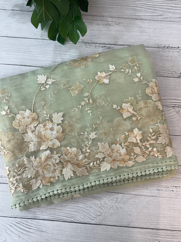 Tissue Organza saree with thread work  MS14931 PastelGreen