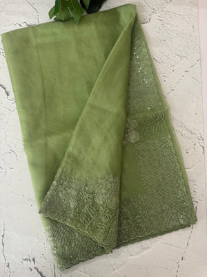 Semi Organza saree with applique and sequence borders - MCW699 DustyGreen