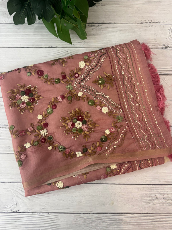 Kosa Tussar silk saree with hand embriodery - MS8199 PeachPink