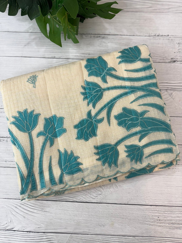 Jute Linen Applique work saree  -MSH128 Offwhite to Blue