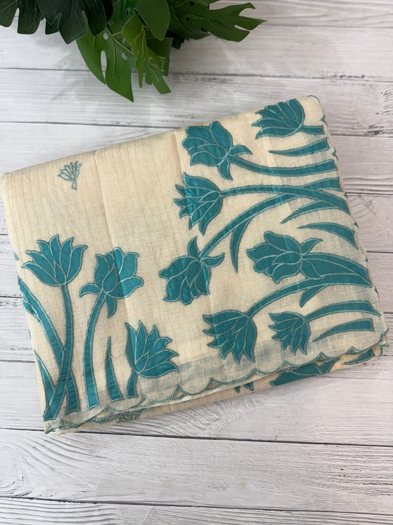 Jute Linen Applique work saree  -MSH128 Offwhite to Blue