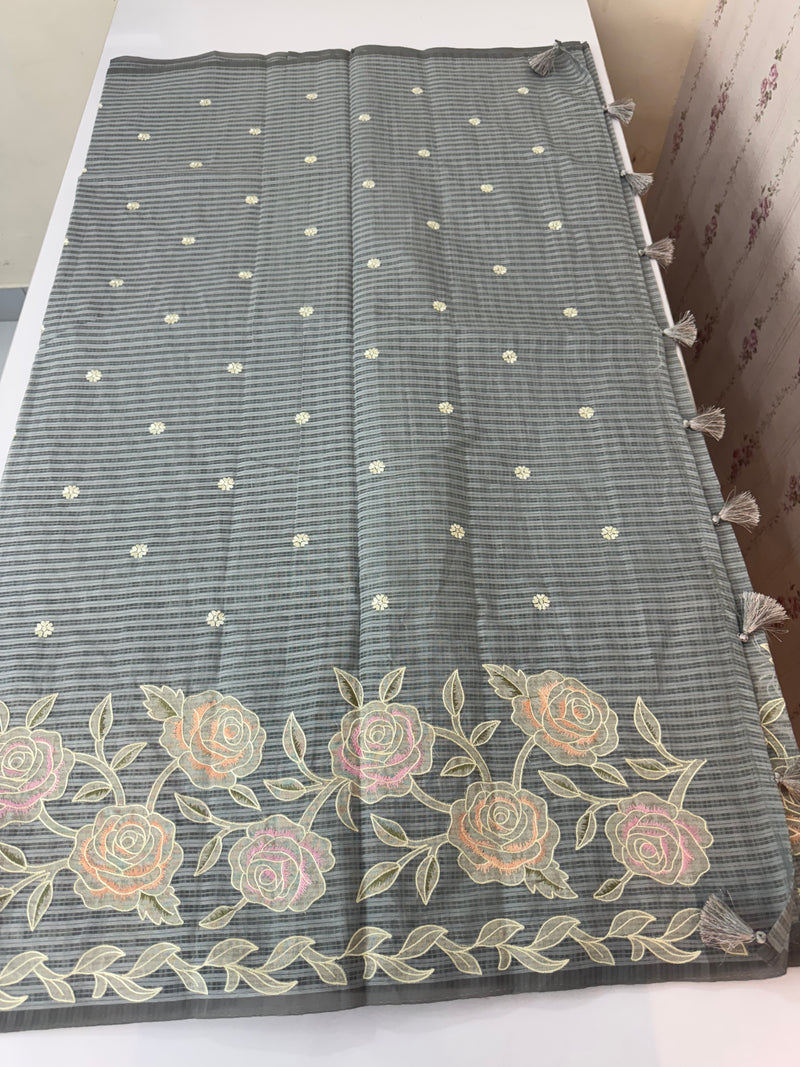 Applique and embroidery work Kota Silk saree MSH118 - Grey