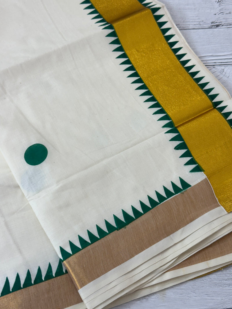 Kerala cotton saree - Green Polka dots