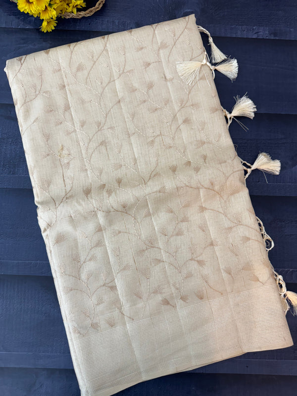Blended tussar saree with embriodery - MS8665 Cream
