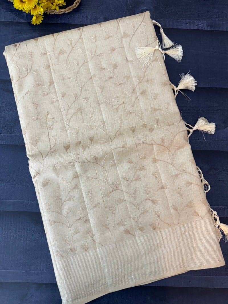 Blended tussar saree with embriodery - MS8665 Cream