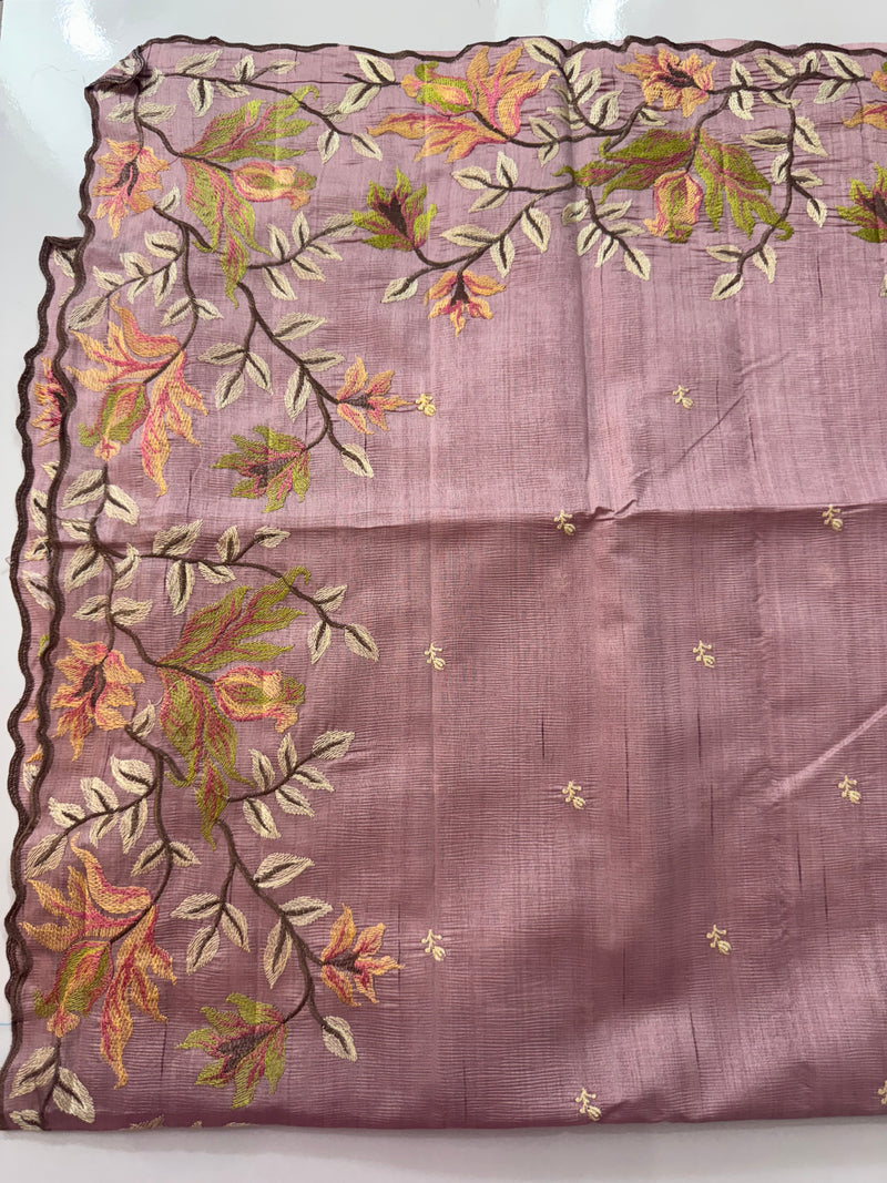 Crushed Blended tussar silk saree with embroidery- SNFCYEY- DuskyNude Pink