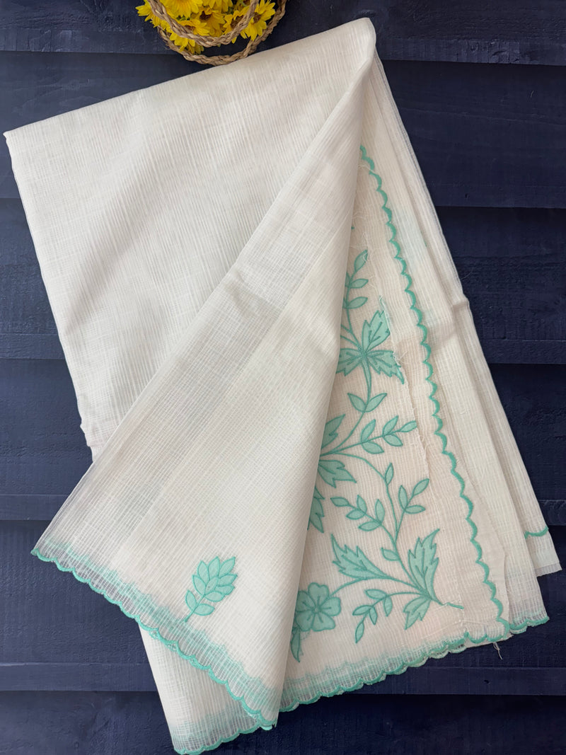 Kota silk saree with applique work SJCV82- Offwhite & Blue