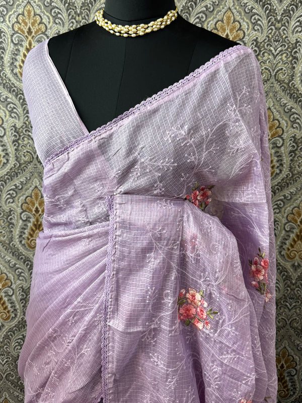 Soft kota checks saree with embroidery - SVPIRR Lavender