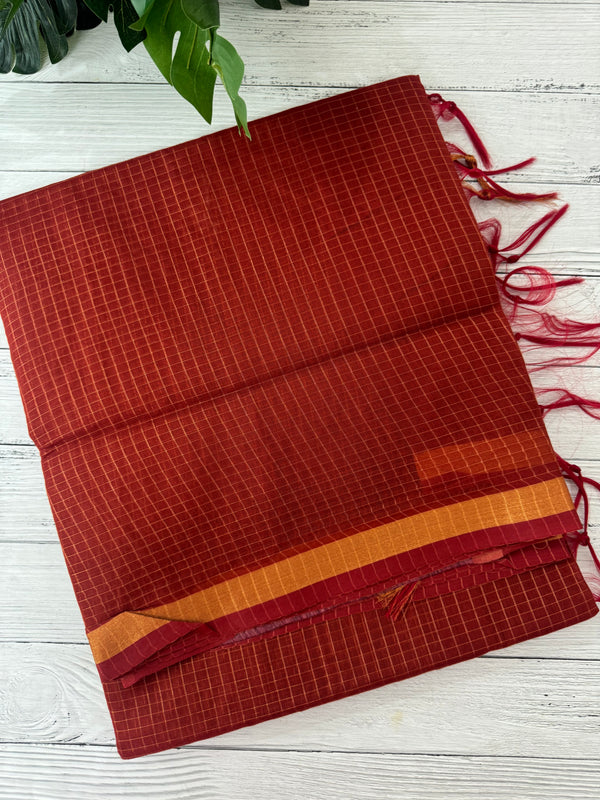 Mangalagiri Silk Cotton Saree with zari checks MS90321 RustOrange