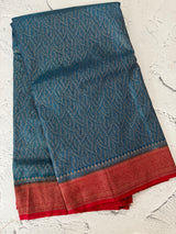 Banarasi semi katan saree with contrast border MKS455 OceanBlue to Red