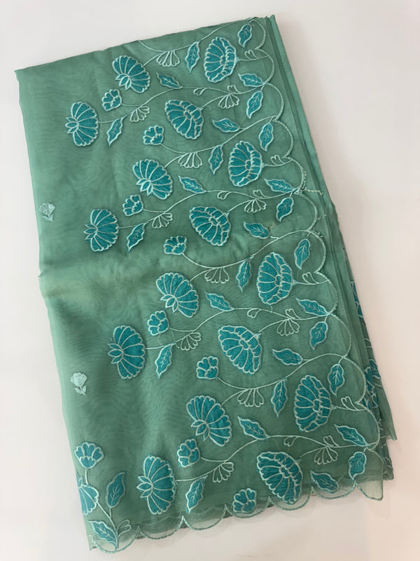 Viscose Organza saree with applique work-MSH103 GreenmixBlue