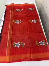 Checks Semi tussar saree with hand painting MS3432